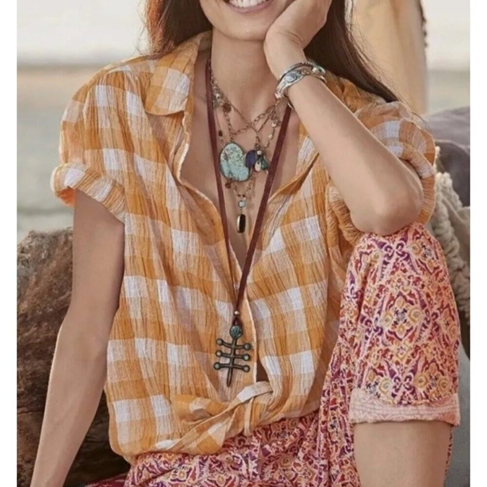 SUNDANCE Lorna Gauze Short Sleeve Button-Down Top Mustard White Check Small